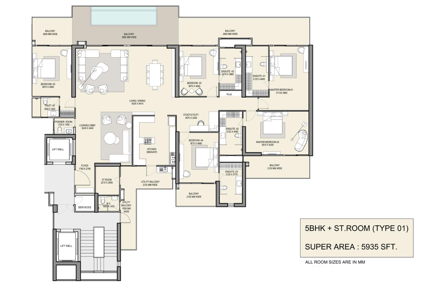 M3M The Cullinan 5 BHK floor plan approx 5100 sq ft